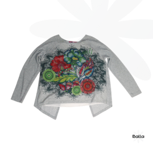 DESIGUAL Women Graphic Top Long Grey Floral Size L - XL